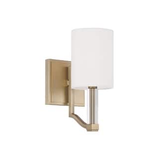 5" W x 10.25" H 1-Light Wallchiere Sconce in Matte Brass with Clear Acrylic Accents and Cylindrical White Fabric Shades