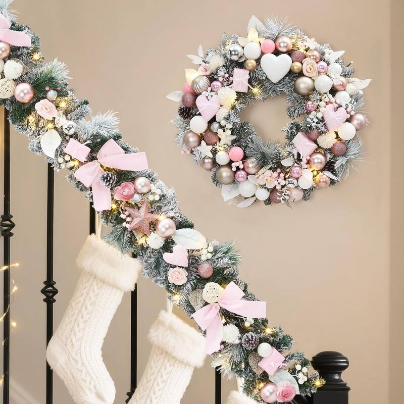 24 Inch Christmas Wreath with Lights, Pink Holiday Wreath for Front Door Decorations