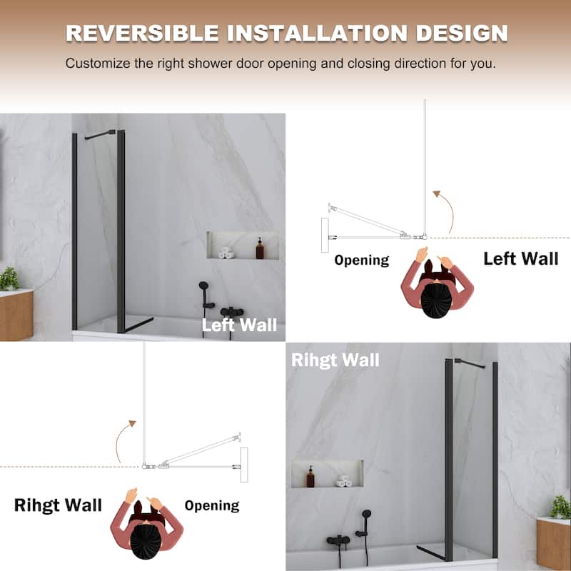 Hinged Swing Pivot Tub Door in Matte Black with Clear Tempered Glass