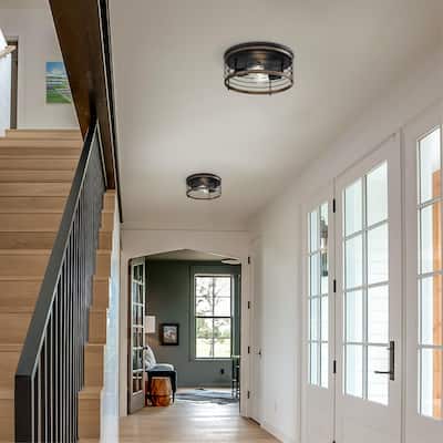 Westinghouse Lighting Ackton 13 Inch, Two Light Flush Mount Ceiling Fixture, Matte Black Finish with Barnwood Accents - 13-Inch