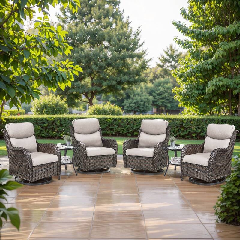 Pocassy Outdoor Swivel Chairs Patio Furniture Set - Brown Rattan - Beige Cushion - 5PCS Swivel Chairs with Table