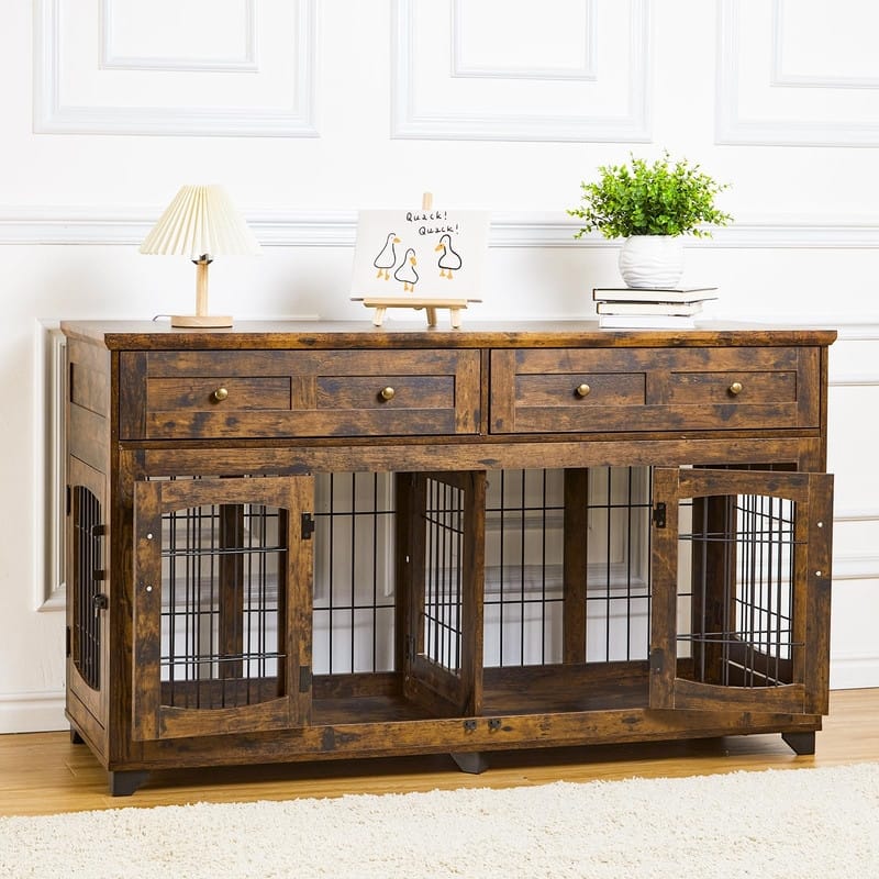 58" Wooden Dog Crate Furniture TV Stand withStorage Drawers