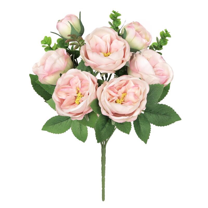 Set of 4 Cream Pink Artificial Cabbage Rose Flower Stem Bush Bouquet 13in - 13" L x 8" W x 8" DP - Cream Pink - 13" L x 8" W x 8" DP