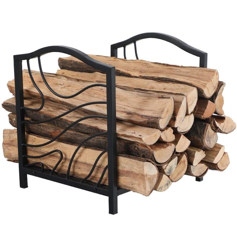 PHI VILLA 16 Inch Firewood Log Rack Decorative Indoor/Outdoor Steel Fireplace Wood Holder Storage Brackets Holder, Black Wave - Black