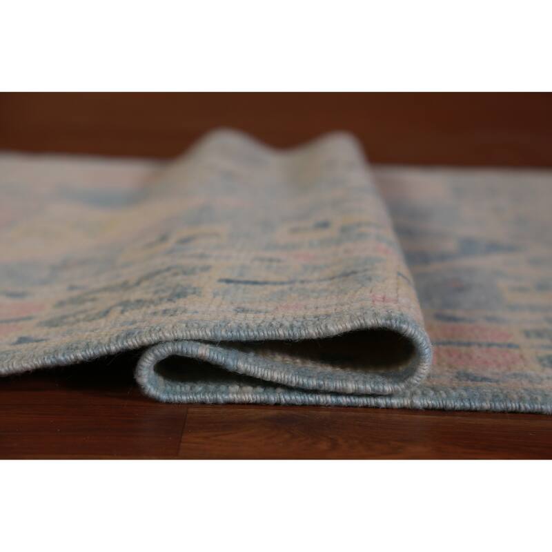 Hand Knotted Oriental 100% Wool Carpet Transitional Geometric Navy Blue & Blues Oushak Runner Rug - 17' 0'' X 3' 3''