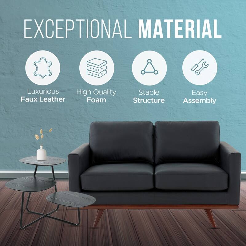 Chester Modern Leather or Mesh Upholstered Loveseat with Birch Wood Base 2 Seater Sofa Couch for Living Room, Bedroom, or Office