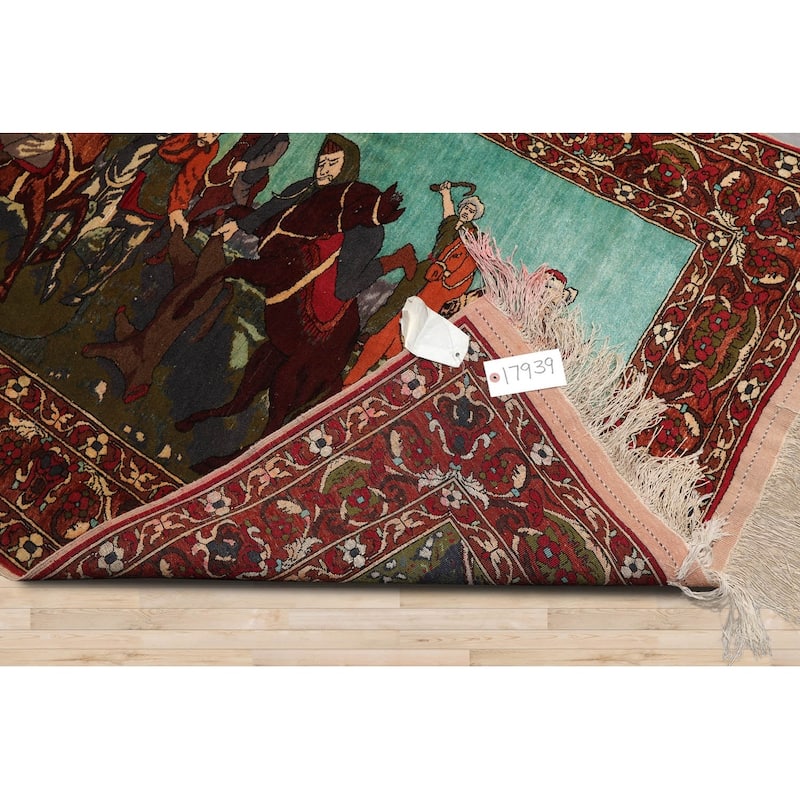 Hand Knotted Turquoise Persian Wool Traditional Oriental Area Rug - 3' 7'' x 5'
