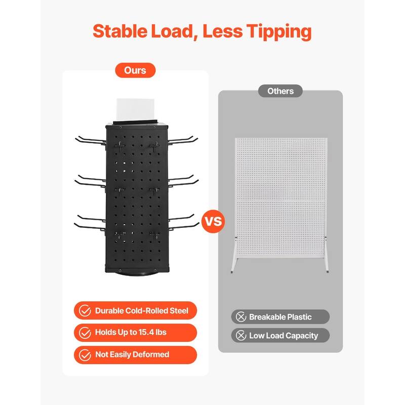 4-Sided Spinning Pegboard Display Rack with 24 Hooks for Tools and Accessories - 7.4 x 7.4 x 20.47 in