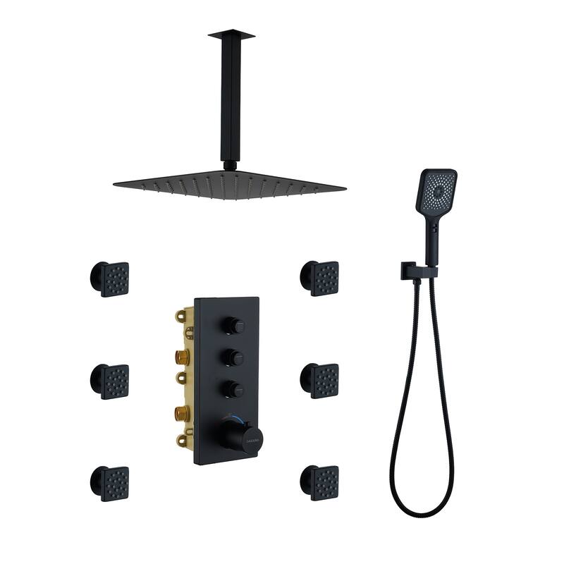 3 Functions 12 Inch Ceiling Mounted Thermostatic Shower System in Matte Black with square shower head - Black