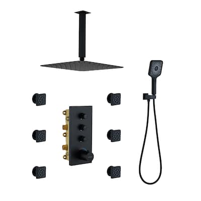 3 Functions 12 Inch Ceiling Mounted Thermostatic Shower System in Matte Black with square shower head