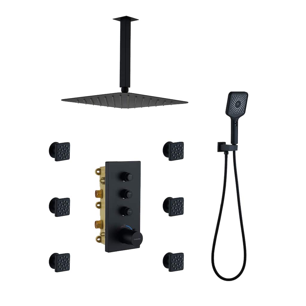 3 Functions 12 Inch Ceiling Mounted Thermostatic Shower System in Matte Black with square shower head