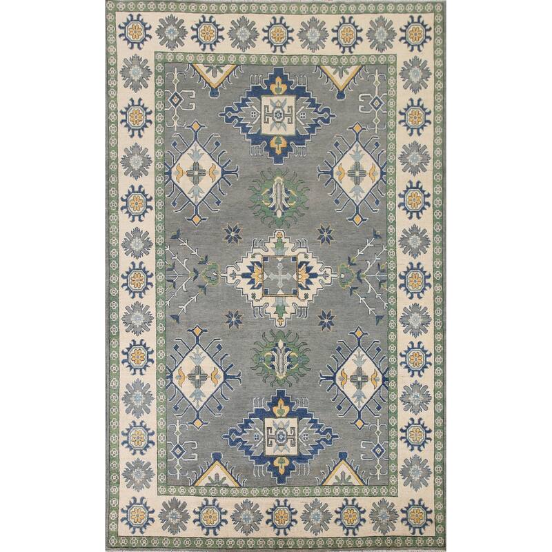 Hand Knotted Oriental 100% Wool Carpet Traditional Geometric Greys & Charcoal Kazak Area Rug - 9' 10'' X 6' 8''