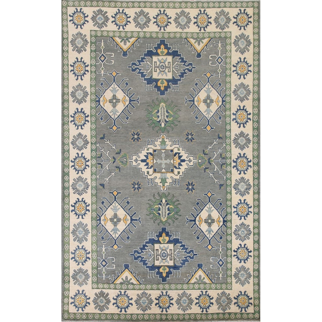Hand Knotted Oriental 100% Wool Carpet Traditional Geometric Greys & Charcoal Kazak Area Rug - 9' 10'' X 6' 8''