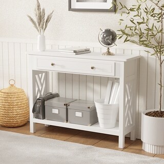 White Rustic Solid Wood Console Table with Drawers and Bottom Shelf ...