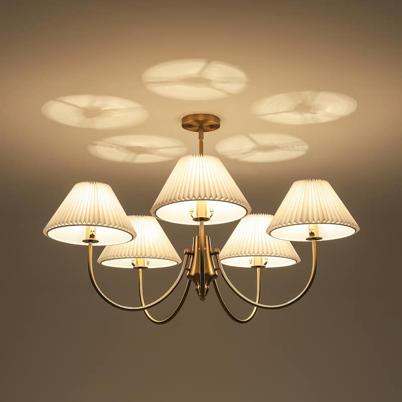 8/5-Light Mid-Century Modern Gold/Black Chandelier with Pleated Fabric Lampshades Hanging Light for Living Room, Dining Room