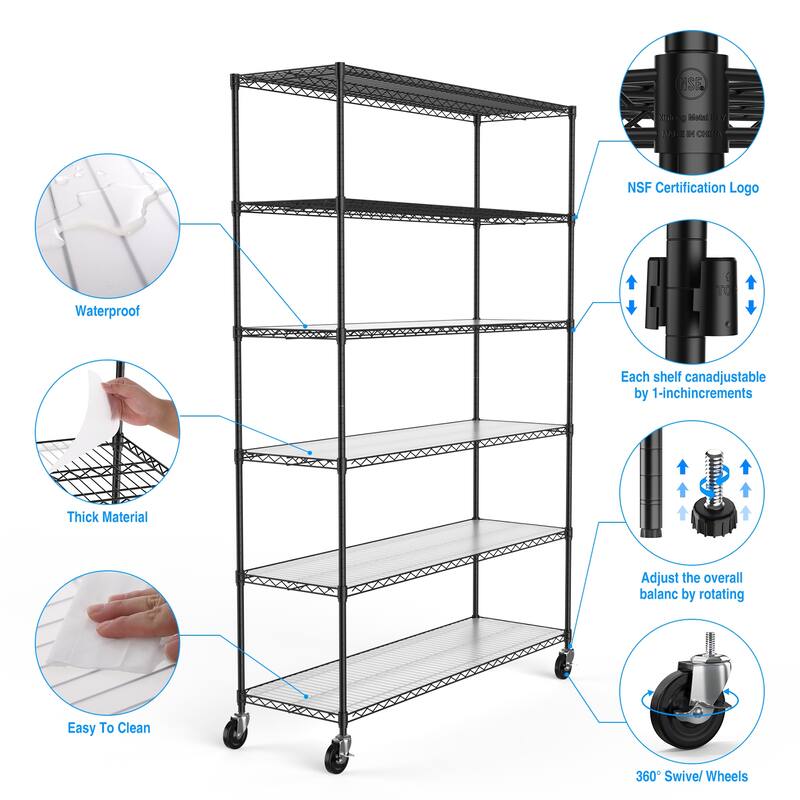 Heavy Duty 6 Tier Metal Shelves, Height Adjustable with Wheels