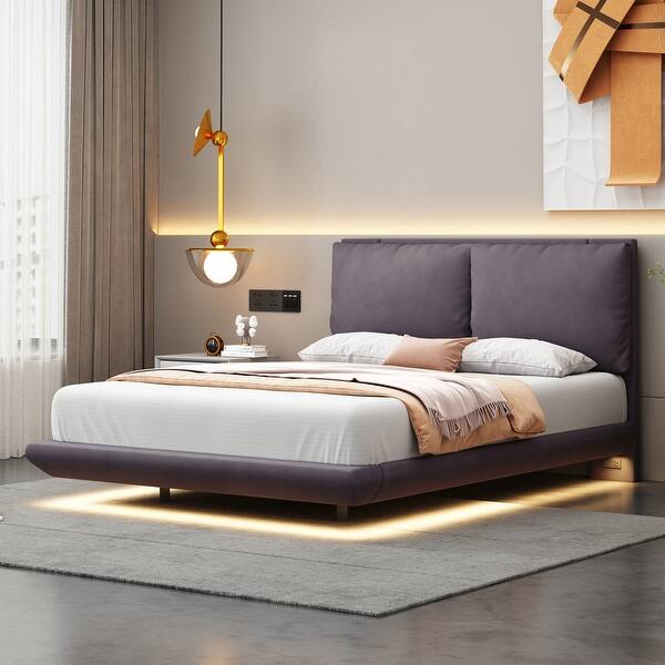 slide 2 of 13, Full Size Upholstered Platform Bed with Motion Sensor Light, Floating Design, Dual USB Ports Gray