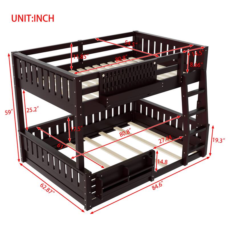 Wooden Bunk Bed of 3 Kinds Size with Pegboard, Bookshelf and Guardrails, Detachable Bunk Bed Convertible 2 Platform Beds
