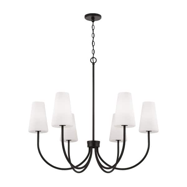 slide 2 of 4, 37.25" W x 26.5" H 6-Light Transitional Chandelier with Tapered Soft White Glass - 37.25"W x 33.25"H Matte Black