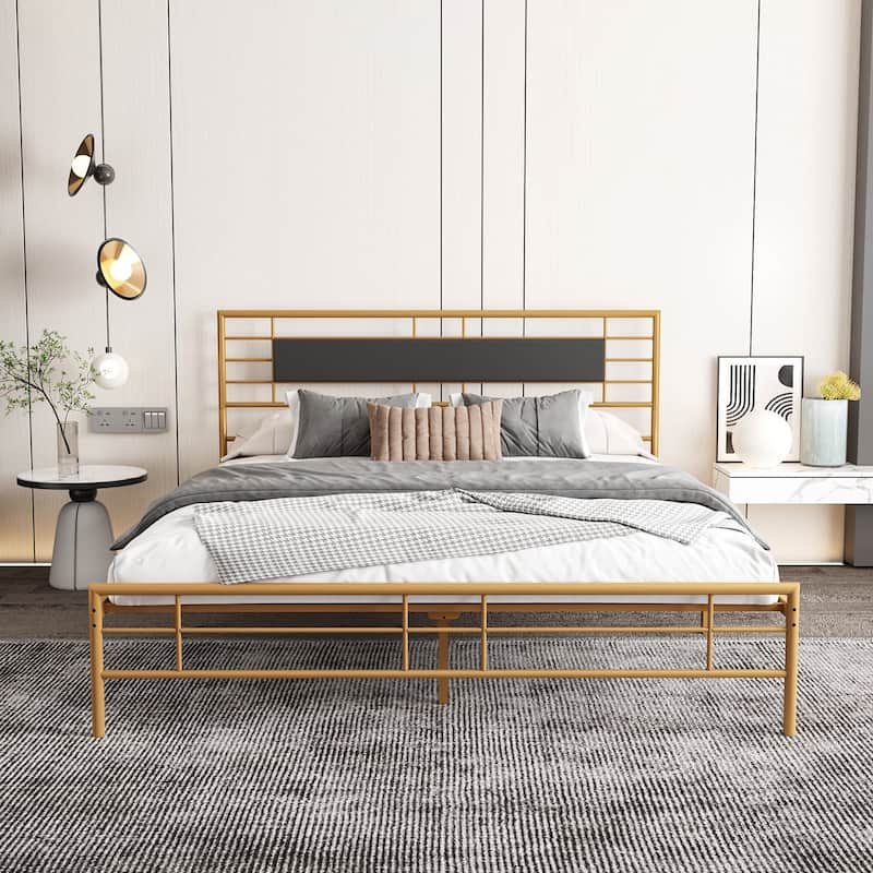 NNV Full Size Platform Metal Bed Frame with Leather Upholstered Headboard