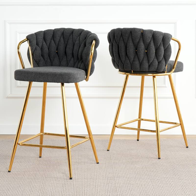 Bar Stools Set of 2, Kitchen Island Bar Chair with Back, Upholstered Low Bar Stools with Footrest and Metal legs