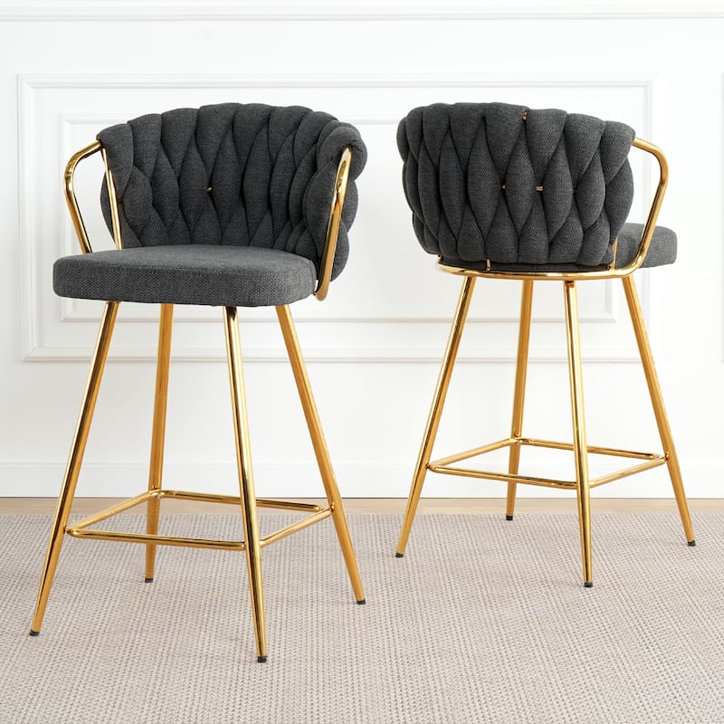 Modern Design High Stool Gold Plated Legs Kitchen Dining Dark Grey Linen Bar Chair,Suitable for Cafe Bar Restaurant(Set of 2)