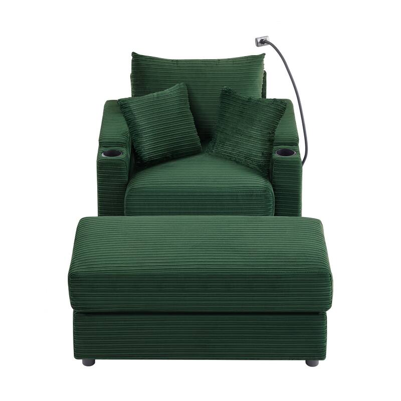 Corduroy armchair with footrest, USB charging and storage space, 250 lbs weight capacity