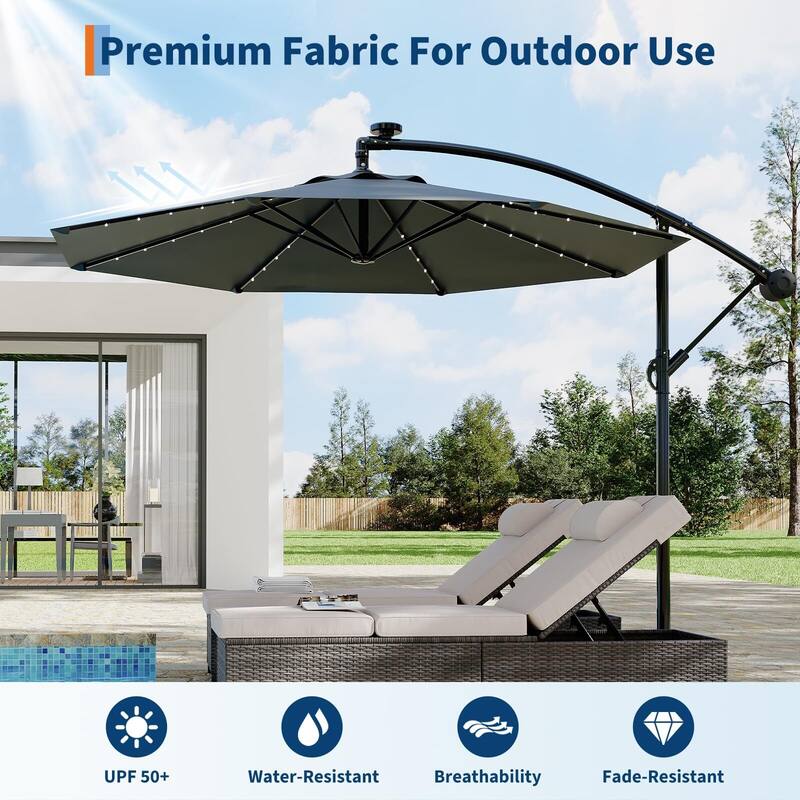 Coromose 10FT Solar Cantilever Patio Umbrella, 8 Ribs, 32 LED Lights - Grey