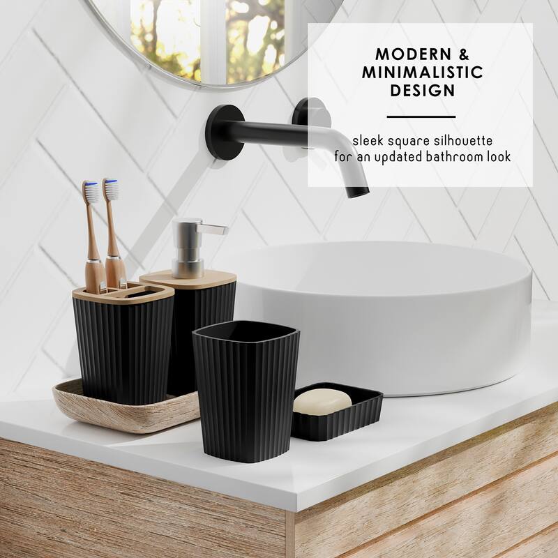 Empyrean Bamboo Bathroom Accessories Set with Shower Curtain Set, Toilet Brush, Trash Can & Soap Dispenser
