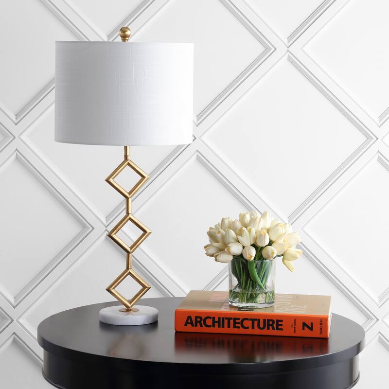 Cecile 29.5" Modern Gilt Metal with Marble Base LED Table Lamp, Gold/White by JONATHAN Y