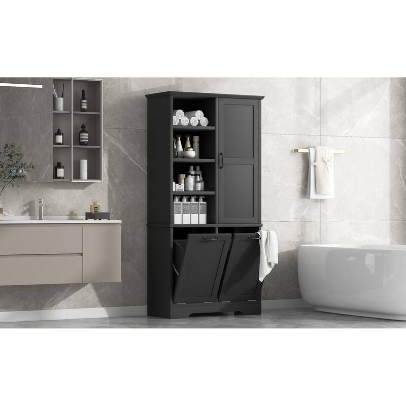 Roomfitters 68" Tall Bathroom Storage Cabinet with Dual Tilt-Out Laundry Hampers