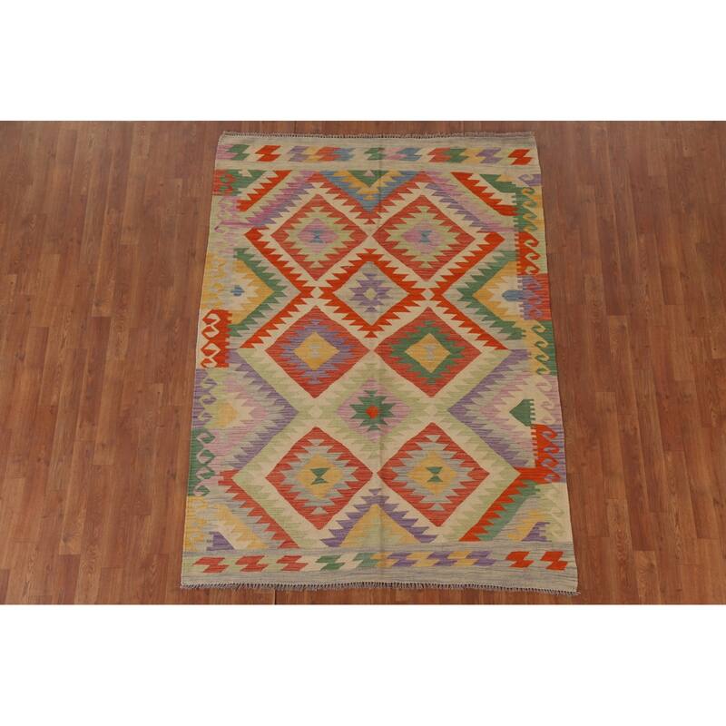 Hand Woven Oriental 100% Wool Carpet Southwestern Geometric Multi-Colored Kilim Area Rug - 6' 8'' X 4' 11''