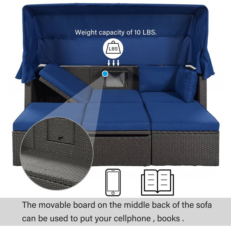4-Pieces Outdoor Patio Rattan Daybed Sunbed Set with Retractable Canopy, Lift Table, and Adjustable Seat