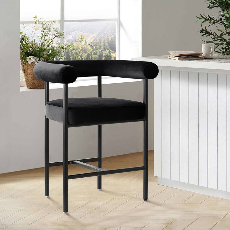 Modern 24" Upholstered Velvet Solid Back Counter Stool with Arms - Black-1-piece - Single