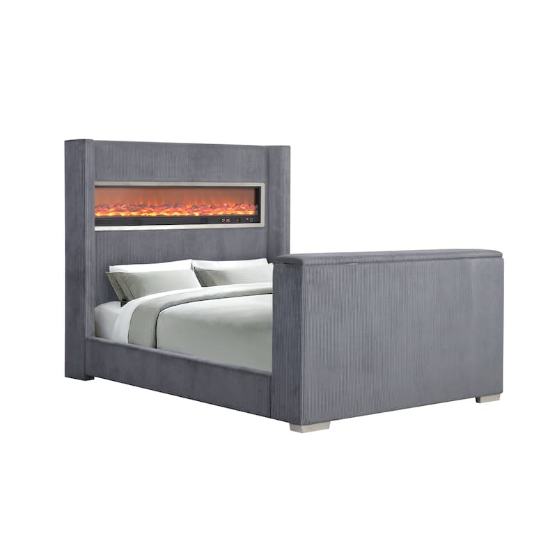 Furniture of America Gaia Modern Corduroy Bed with 3D Fireplace Simulator and Bluetooth Audio
