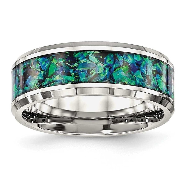 Stainless Steel Polished with Blue Imitation Opal 8 mm Men's Ring - Sizes 7 - 13
