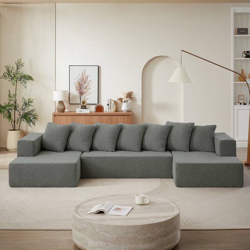 128" Modular U-Shaped 4-Seater Sectional Sofa Set in Luxurious Chenille Fabric with 2 Chaise Lounges, Plush Cloud Design - Grey