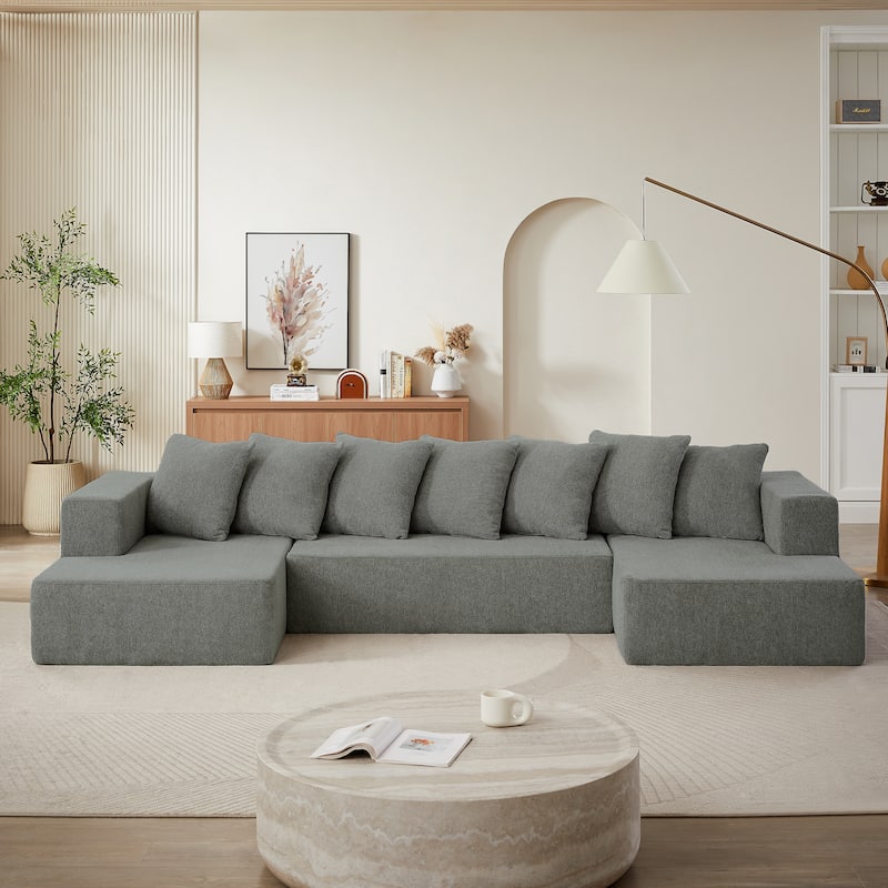 128'' Modular U-Shaped 4-Seat Sectional Sofa Set in Luxurious Chenille Fabric with 2 Chaises, Plush Cloud Couch - Grey