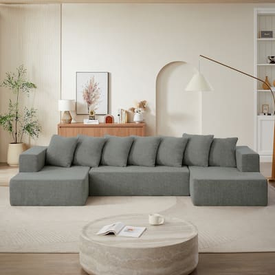 Grey 128" Modular U-Shaped 4-Seater Sectional Sofa Set in Luxurious Chenille Fabric with 2 Chaise Lounges, Plush Cloud Design