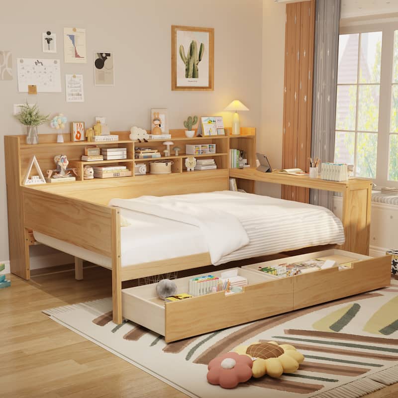 Wooden Full Size Daybed with Storage Shelves, Multi-functional Bed with Two Storage Drawers and Study Desk