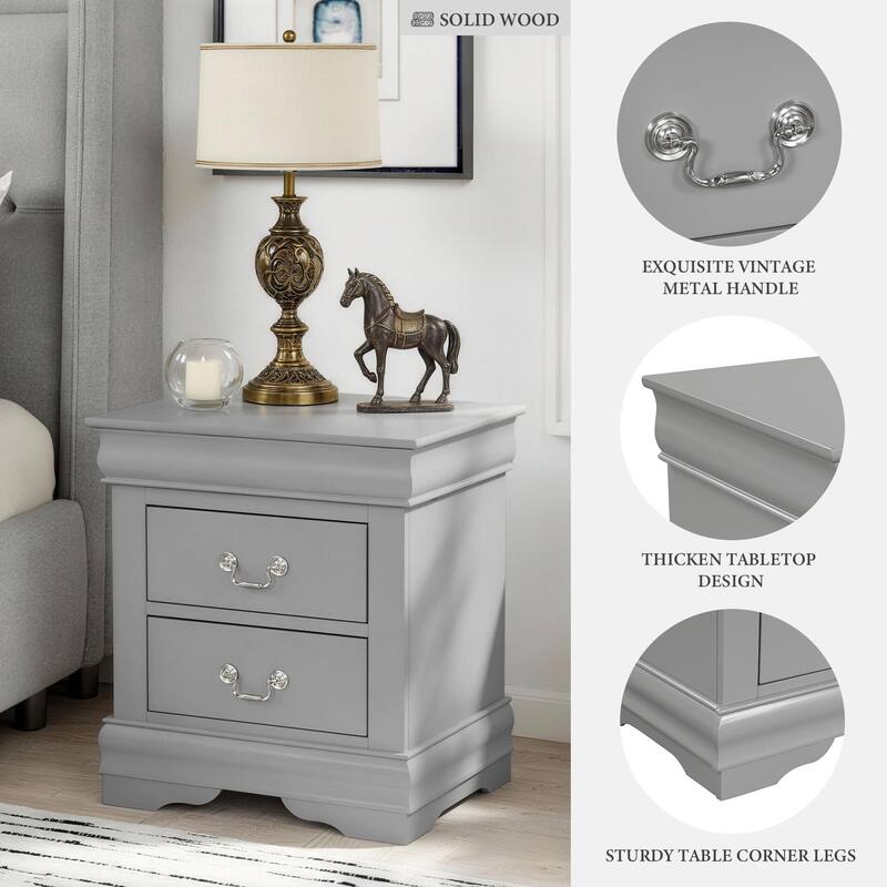 Rossetta Transitional Antique Elegant Style 2-Drawer Nightstand with Solid Wood Legs and Smooth Glides