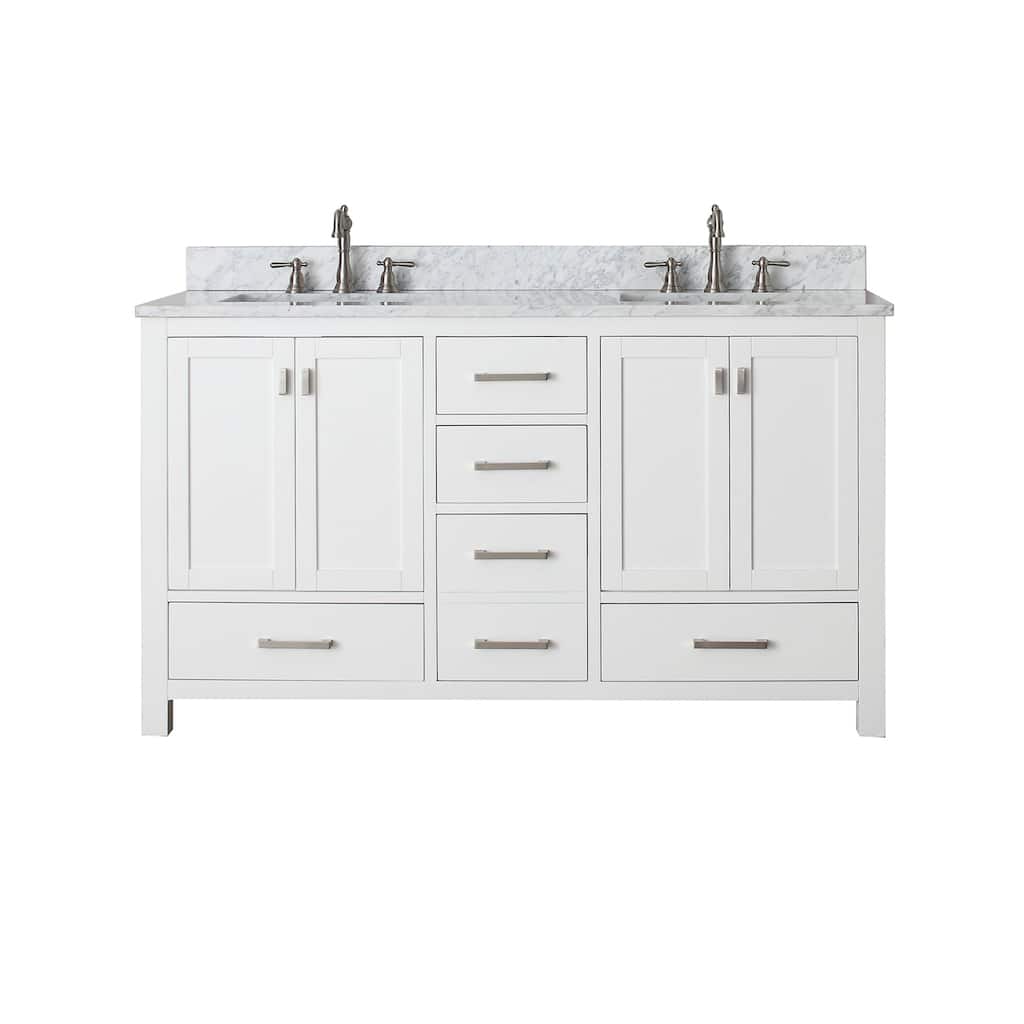 Modero 60 in. Double Sink Bathroom Vanity in White with Carrara Marble Top - 61"W x 22"D x 35"H