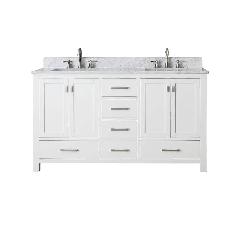 Modero 60 in. Double Sink Bathroom Vanity in White with Carrara Marble Top - 61"W x 22"D x 35"H - White