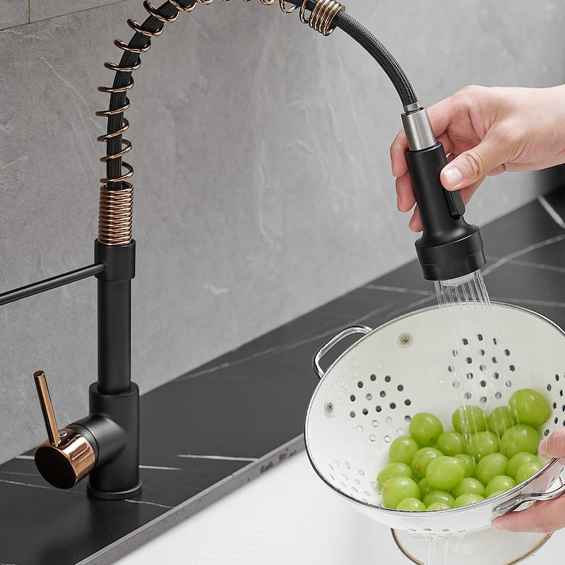 Matte Black and Brushed Nickel Brass Single Handle Pull Out Sprayer Kitchen Faucet - 8.26 In. W X 16.3 In. H X 16.3 In. D - 8.26 In. W X 16.3 In. H X 16.3 In. D - Black and Gold