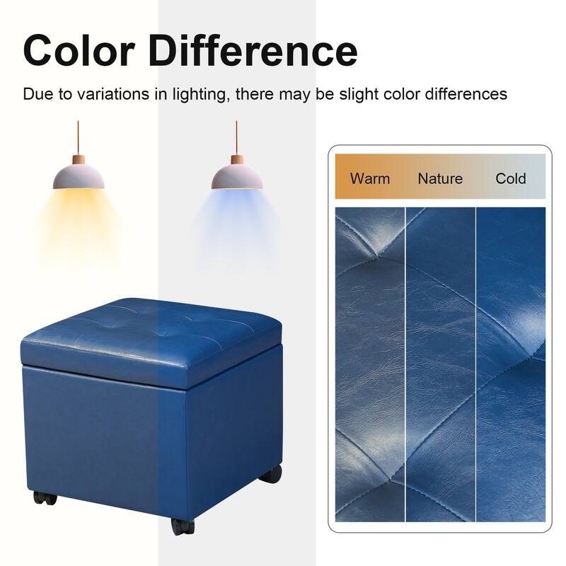 Adeco Bonded Leather Storage Ottoman Square Tufted Cube Footstool