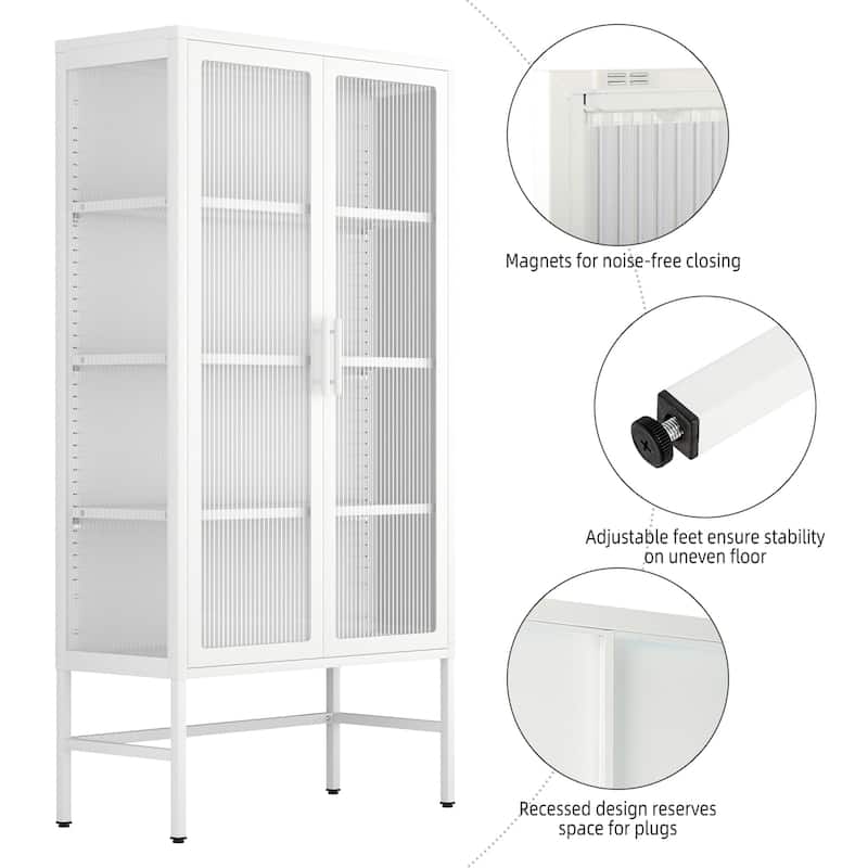 Modern Glass Door Cabinet with Adjustable Shelves Steel Storage Sideboard