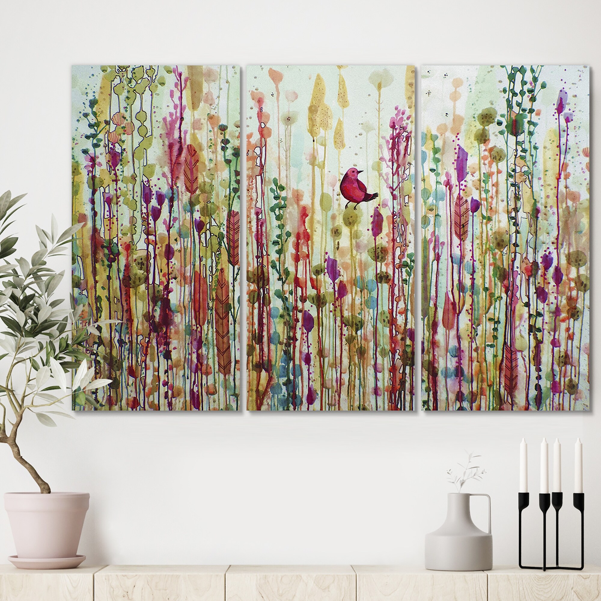 Porch Den Red Bird In Color Meadow 3 Panel Artwork Overstock 28456388