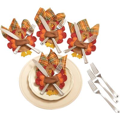 Thanksgiving Turkey Silverware & Napkin Holders - Set of 4 - 7.250 x 6.000 x 1.750