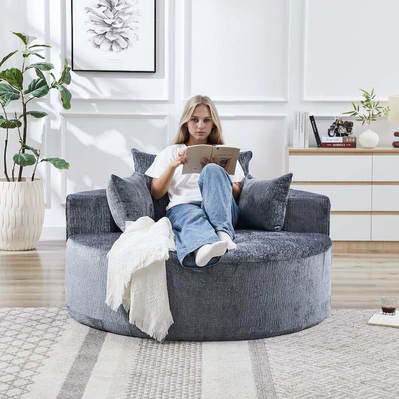 Grey Round Chenille Single Sleeper Sofa with Backrest Pillow