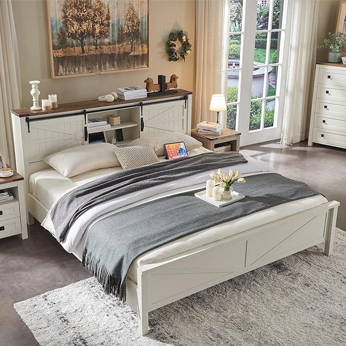 Farmhouse King Size Bed Frame with Storage Shelves & Charging Station